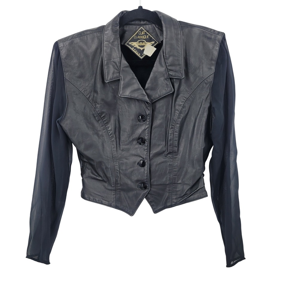 Vtg 90s Edgy Biker‎ Glam Goth Classique Black Leather Sheer Sleeves Jacket Sz M